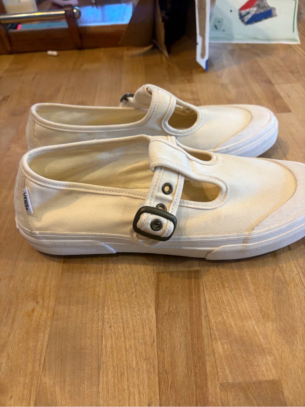 Vans White Canvas Slip-On Mary Jane shoes with buckle